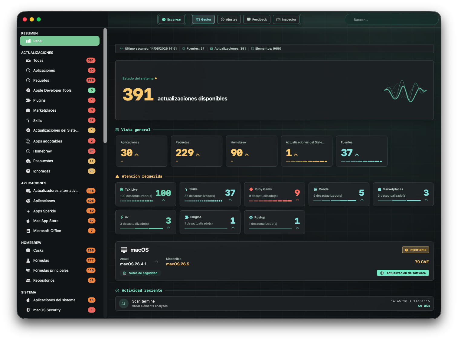 Panel de Version Tracker en macOS mostrando 391 actualizaciones en 39 fuentes de paquetes